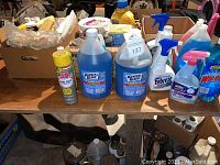 Large assortment of cleaning products including Krystal Kleer pool chemicals, J-B Oil Shield spray, Febreze spray, Windex spray, and sponges arranged on a table