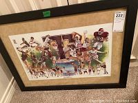Framed sports illustration showing multiple Texas A&M athletes in action on a green shaped background with a state map motif.