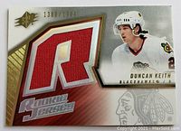 Front of limited edition Duncan Keith rookie jersey card with red and white jersey patch, player image and serial number.