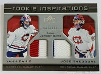 Front view of the dual jersey hockey card showing the images of players Yann Danis and Jose Theodore with fabric swatches and serial number 637/999 visible.