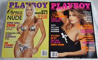 Front cover of two Playboy magazines showing models and main articles