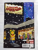 Back cover of comic book with The Amazing Spider-Man title and snowy scene at night with people inside a building.