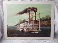 Front view of the art print showing the entire steamer boat scene on a calm river with trees in the background.