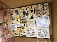 Top-down view showing a large assortment of nature-themed rubber stamps with detailed leaf and plant designs mounted on wood blocks.