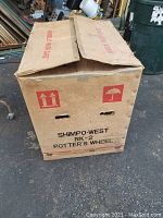 Cardboard shipping box labeled SHIMPO-WEST RK-2 POTTER'S WHEEL