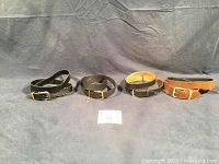 Four ladies' belts arranged horizontally on a cloth background, showing different colors and buckle types.
