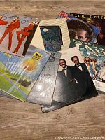 Photo showing the complete set of 10 assorted vintage vinyl records laid out on floor with visible album covers including Samantha Sang and a group of men in suits.