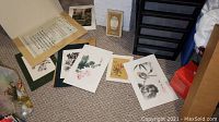 All four unframed prints scattered on carpet alongside storage drawers