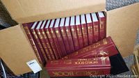 Top and side view of 15 hardcover books in a cardboard box showing maroon and black covers with gold and red text.