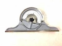 Front view of the Mitutoyo cast iron protractor head showing the full semicircular angle scale and adjustment knob.