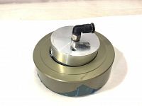 Side view of the Mitutoyo air bearing pad showing metallic circular body with gold-colored outer ring and air hose connector on top.