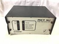 Front view of Renishaw PHC9 Mk2 Probe Head Control Unit showing on/off switch, LED indicators for Unlock, Move Complete, Datum Error, Obstruct Error, Overload Error, and branding.