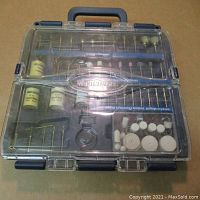 Closed plastic case showing full kit of Mastercraft grinding and engraving bits.