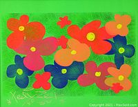 Close-up of the colorful flower artwork on bright green background showing signature and color details.