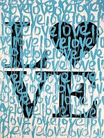 Front view of entire canvas showing black LOVE block letters over blue script drips on white background