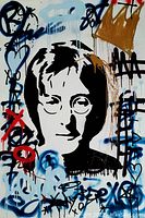 Full front view showing stencil portrait and graffiti elements