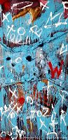 Close-up detail of turquoise paint drips, white graffiti markings and black stencil accents