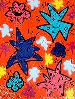 Front view of full canvas showing all smiling star and flower motifs on orange background