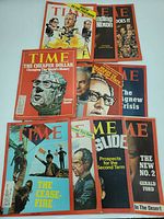 Top view of 10 Time magazines from 1973 with covers featuring Nixon files, Gerald Ford, and other themes