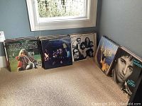 Six records leaning against wall including Janis Joplin, Crosby, Stills, Nash & Young, The Doobie Brothers, Bruce Springsteen