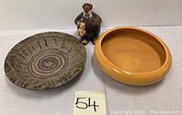 Photo showing Meadows banker figurine, decorative plate, and footed serving bowl together