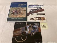 Photo showing three military firearms books. Titles include a guide to the 1903 Springfield Service Rifle, a book on the U.S. Rifle M14, and an auction catalog from Cowan's Auctions.
