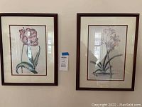 Front view of the two framed floral prints hung side by side on a wall.