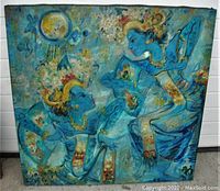 Full front view of the oil painting showing two blue figures and background details