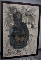 Framed oil painting depicting a dark figure of a mother holding a child with abstract, brushstroke and drip effects in the background. The frame is dark wood and measures roughly 39.5 by 29.5 inches including frame width.