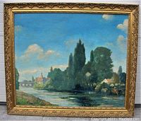 Front view of framed Andre Lapine landscape oil painting