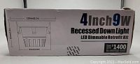 Box label showing product specifications: 4 inch size, 9W power, LED dimmable retrofit kit, energy cost savings claim.