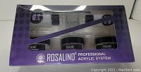 Front view of Rosalind Professional Acrylic System box showing 3 acrylic powders, 2 liquids, mixing cup, and brush.