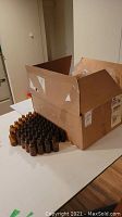 Photo showing opened cardboard box with over fifty small amber glass bottles arranged in front of it on table.