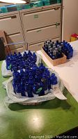 Several plastic bags and cardboard tray hold more than 50 small cobalt blue glass bottles on a table under bright light, with a filing cabinet in the background.