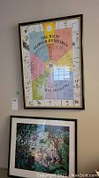 The wall mounted scenic print with the framed Bach Flower Remedies chart print below it, both framed in black with glass.