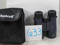 Front view of Bushnell H2O 10x42 waterproof binoculars next to their black carrying case with the Bushnell logo.