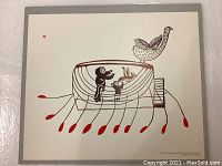 Front side showing "Bird Trapped in Tent" image with human figures inside a tent structure and a bird on top, in red and brown tones.