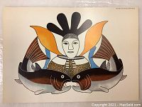 Front side of the poster showing stylized Inuit art titled "Evitaruit" with human figure and two fish.