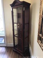 Full view of cherry-finish wooden curio cabinet with glass door and side panels.