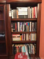 Four shelves of books in a wooden bookcase showing a variety of classic and literary titles.