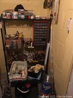 Metal shelving unit with various hardware, tools, and supplies organized on shelves including small drawers and paint buckets.