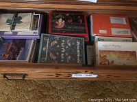 Drawer containing multiple boxed sets of note cards and greeting cards, including William Morris Patterns and Thanksgiving Day themed sets