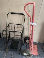 Photo of both items side-by-side: black Easy Wheels utility cart and red dolly with large wheels.