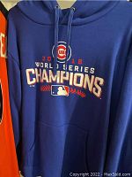 Front view of the first blue sweatshirt displaying Chicago Cubs 2016 World Series Champions text with MLB logo.