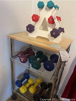 Photo of 16 hand weights in various colors stacked on metal shelving with wooden tabletop, hand weights in a plastic stand on top shelf.