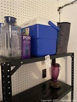 Photo showing blue cooler, large ribbed clear glass juice bottle with blue lid and handle, PUR water filter pitcher in box, clear plastic water pitcher with blue lid, and purple glass hummingbird feeder.