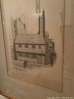 Etching showing an old two-story house on Beacon Hill, Boston, with detailed architecture and two human figures walking by, matted and framed.