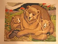 Full view of signed bear family print with visible creasing and tearing on edges