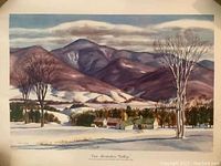 Full image of lithograph showing winter landscape painting with mountains and village