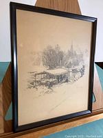Full view of framed pencil sketch showing docked boats and Boston cityscape